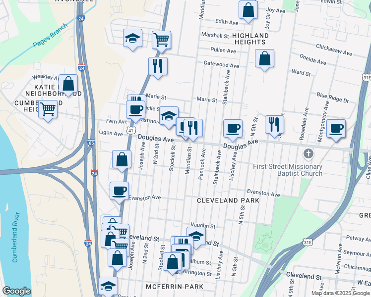 map of restaurants, bars, coffee shops, grocery stores, and more near 1218 Meridian Street in Nashville
