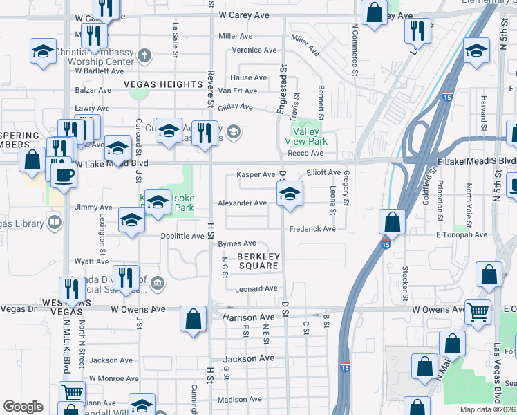 map of restaurants, bars, coffee shops, grocery stores, and more near 509 Alexander Avenue in Las Vegas