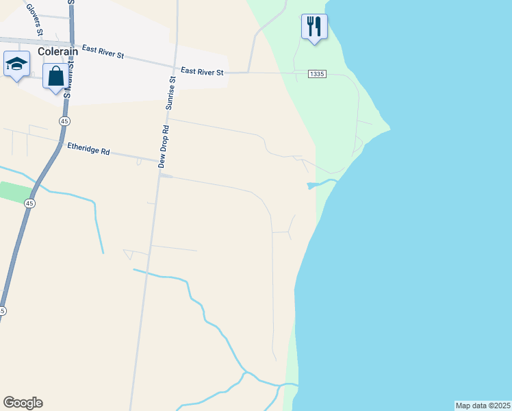 map of restaurants, bars, coffee shops, grocery stores, and more near 136 Chowan Shores Drive in Colerain