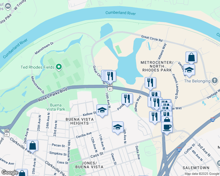 map of restaurants, bars, coffee shops, grocery stores, and more near 2277 Rosa L Parks Boulevard in Nashville