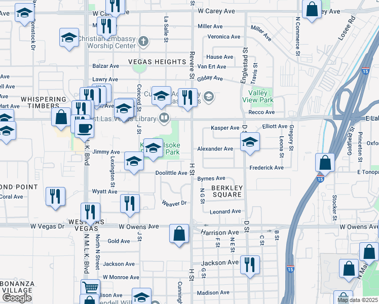 map of restaurants, bars, coffee shops, grocery stores, and more near 1931 H Street in Las Vegas