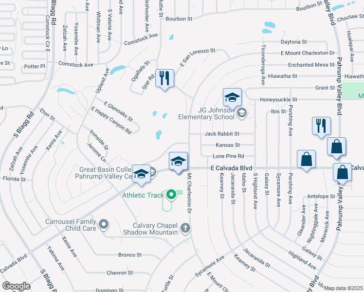 map of restaurants, bars, coffee shops, grocery stores, and more near 581 East Bellville Road in Pahrump