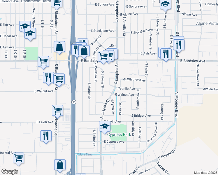map of restaurants, bars, coffee shops, grocery stores, and more near 1277 Cabrillo Dr in Tulare
