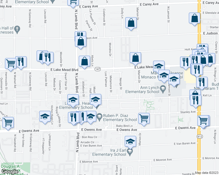 map of restaurants, bars, coffee shops, grocery stores, and more near 1883 Metamora Street in Las Vegas