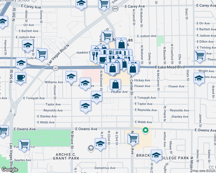 map of restaurants, bars, coffee shops, grocery stores, and more near 2117 Flower Avenue in North Las Vegas