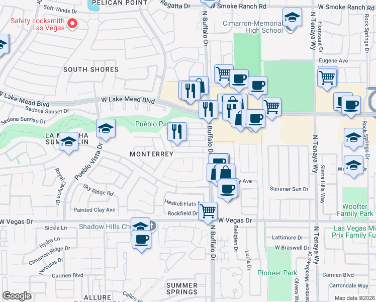 map of restaurants, bars, coffee shops, grocery stores, and more near 7628 Connemara Avenue in Las Vegas