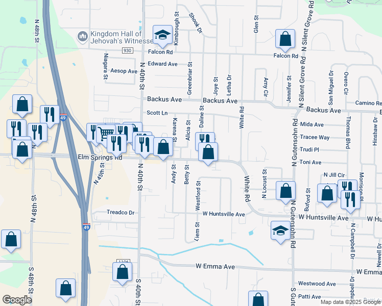 map of restaurants, bars, coffee shops, grocery stores, and more near 3208 County Road 56 in Springdale