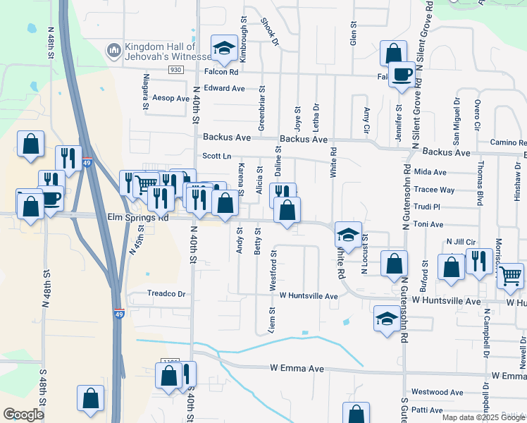 map of restaurants, bars, coffee shops, grocery stores, and more near 3208 County Road 56 in Springdale
