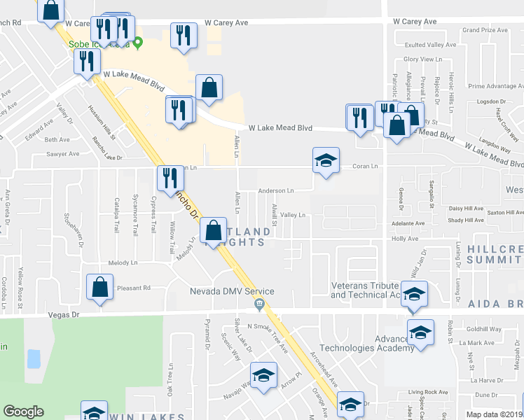 map of restaurants, bars, coffee shops, grocery stores, and more near 1932 Cindysue Street in Las Vegas
