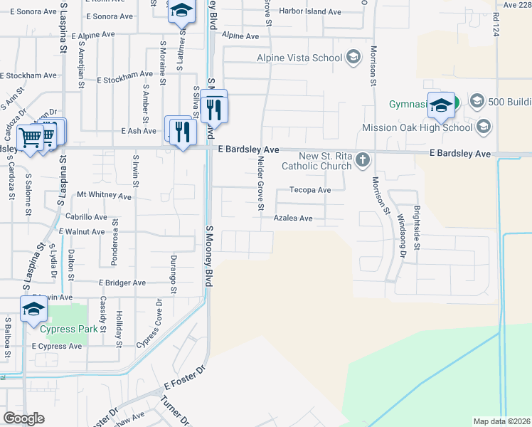 map of restaurants, bars, coffee shops, grocery stores, and more near 1390 Nelder Grove Street in Tulare