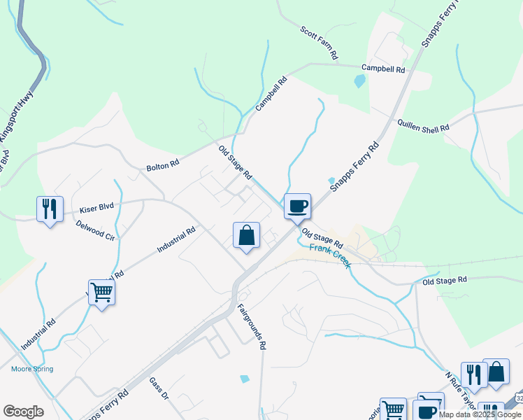 map of restaurants, bars, coffee shops, grocery stores, and more near 25 Bainey Broyles Street in Greeneville