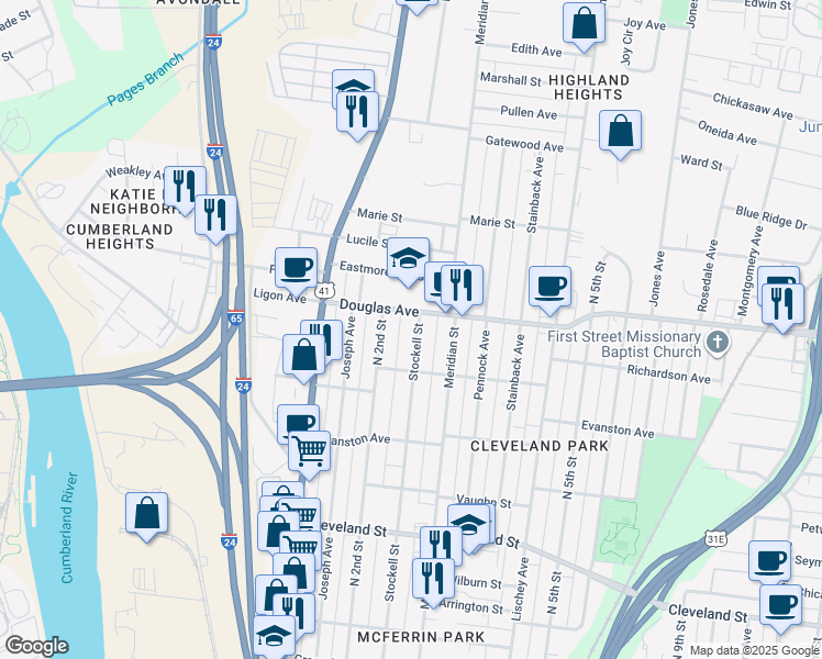 map of restaurants, bars, coffee shops, grocery stores, and more near 1216 Stockell Street in Nashville