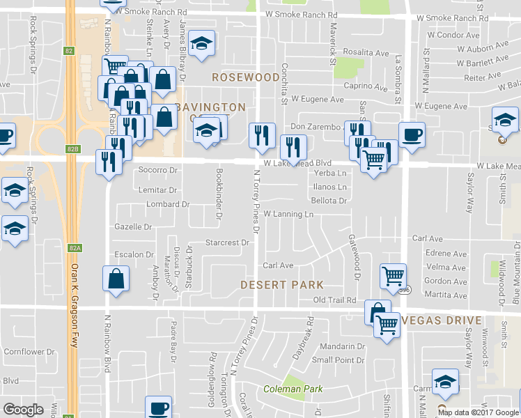 map of restaurants, bars, coffee shops, grocery stores, and more near 6340 West Lanning Lane in Las Vegas