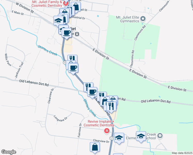 map of restaurants, bars, coffee shops, grocery stores, and more near 1058 Plaza Drive in Mt. Juliet