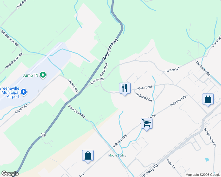 map of restaurants, bars, coffee shops, grocery stores, and more near 415 Kiser Boulevard in Greeneville