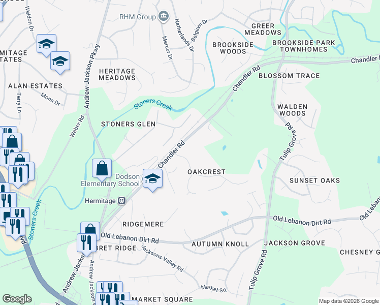 map of restaurants, bars, coffee shops, grocery stores, and more near 4451 Chandler Road in Nashville