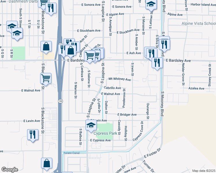 map of restaurants, bars, coffee shops, grocery stores, and more near 1294 Dalton Street in Tulare