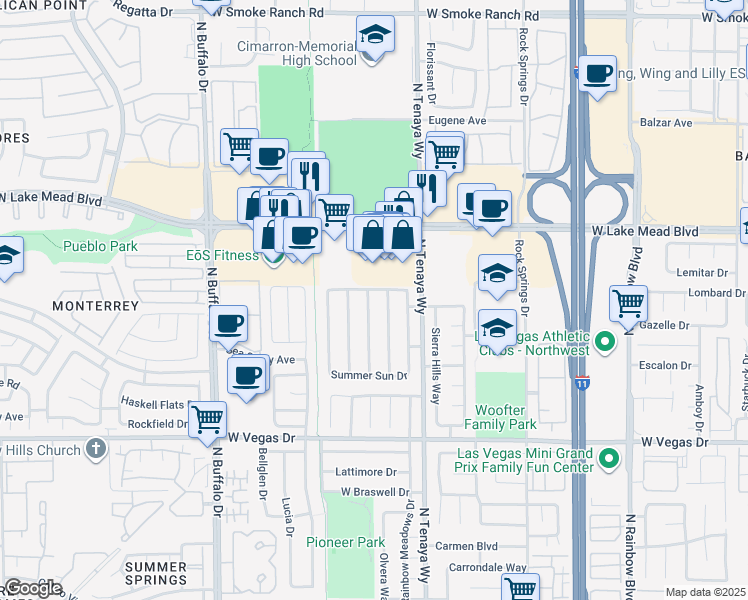 map of restaurants, bars, coffee shops, grocery stores, and more near 1904 Cedar Bluffs Way in Las Vegas