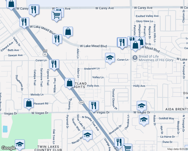 map of restaurants, bars, coffee shops, grocery stores, and more near 3456 Valley Lane in Las Vegas
