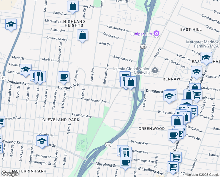map of restaurants, bars, coffee shops, grocery stores, and more near 1218 Montgomery Avenue in Nashville