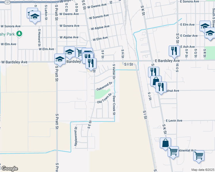 map of restaurants, bars, coffee shops, grocery stores, and more near 1183 South Vetter Drive in Tulare