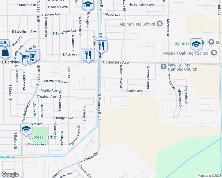 map of restaurants, bars, coffee shops, grocery stores, and more near 2384 Azalea Avenue in Tulare