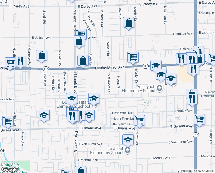 map of restaurants, bars, coffee shops, grocery stores, and more near 1883 Metamora Street in Las Vegas
