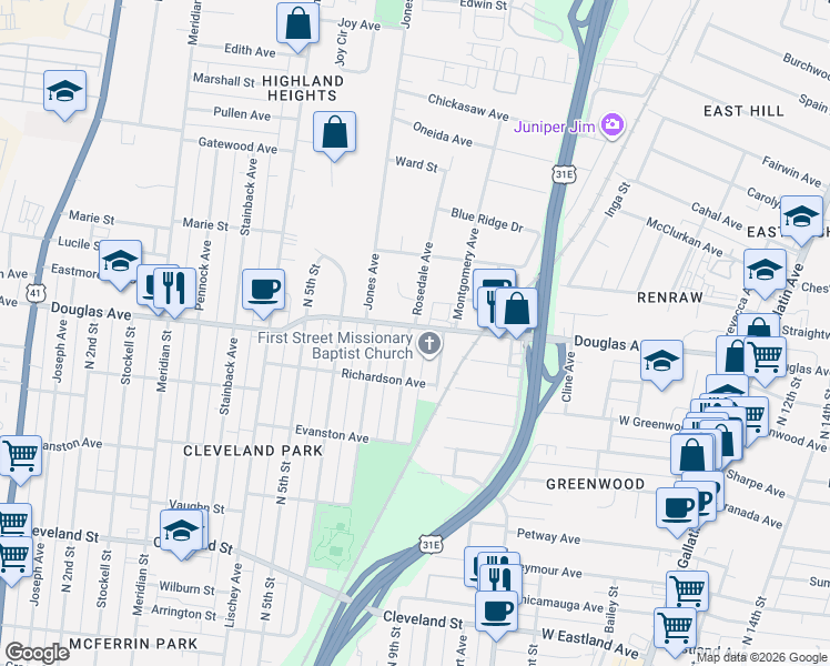map of restaurants, bars, coffee shops, grocery stores, and more near 1218 Montgomery Avenue in Nashville