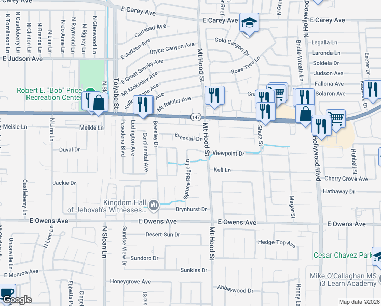 map of restaurants, bars, coffee shops, grocery stores, and more near 1852 Spruce Ridge Lane in Las Vegas