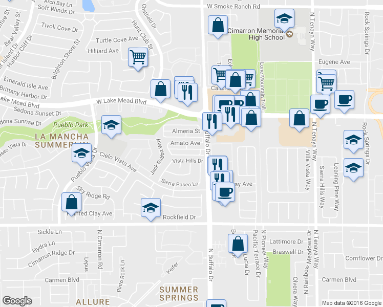 map of restaurants, bars, coffee shops, grocery stores, and more near 7628 Connemara Avenue in Las Vegas