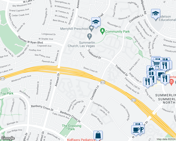 map of restaurants, bars, coffee shops, grocery stores, and more near 10129 Snow Crest Place in Las Vegas