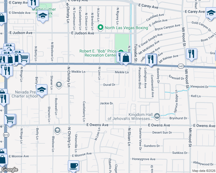 map of restaurants, bars, coffee shops, grocery stores, and more near 5769 Duval Drive in Las Vegas