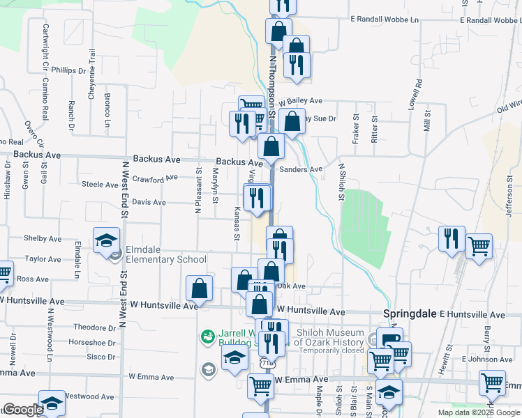 map of restaurants, bars, coffee shops, grocery stores, and more near 901999 Virginia Street in Springdale