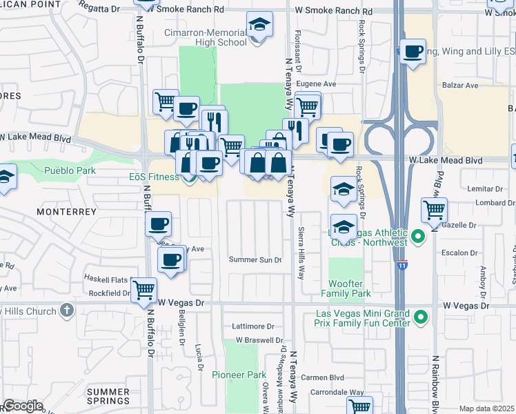 map of restaurants, bars, coffee shops, grocery stores, and more near 1904 Cedar Bluffs Way in Las Vegas