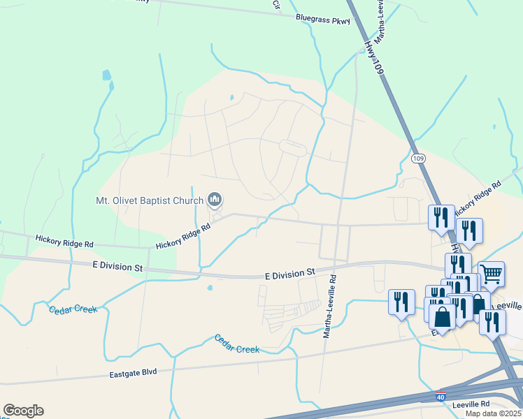 map of restaurants, bars, coffee shops, grocery stores, and more near 7297 Hickory Ridge Road in Mt. Juliet