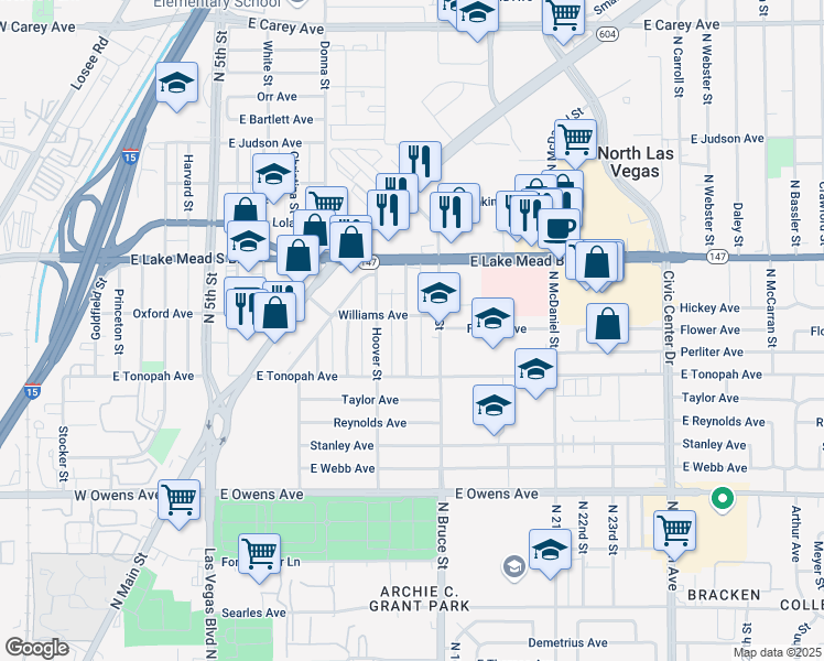map of restaurants, bars, coffee shops, grocery stores, and more near 1838A Jefferson Street in North Las Vegas