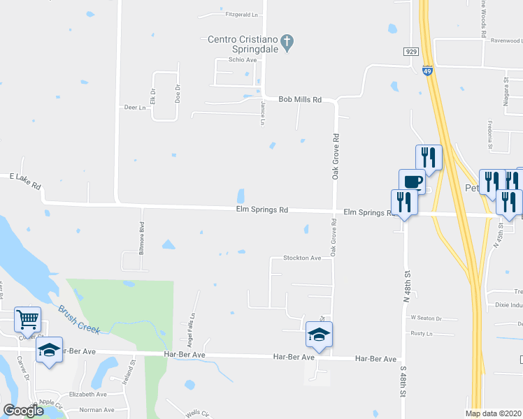 map of restaurants, bars, coffee shops, grocery stores, and more near 5516 Elm Springs Road in Springdale