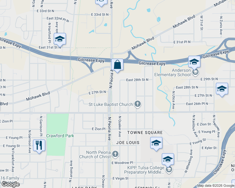 map of restaurants, bars, coffee shops, grocery stores, and more near 2660 North Quaker Avenue in Tulsa