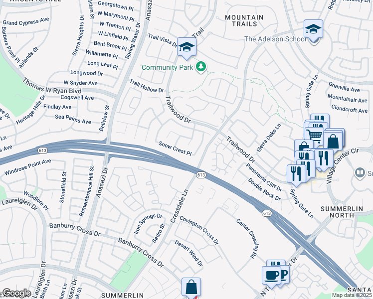map of restaurants, bars, coffee shops, grocery stores, and more near 10016 Snow Crest Place in Las Vegas