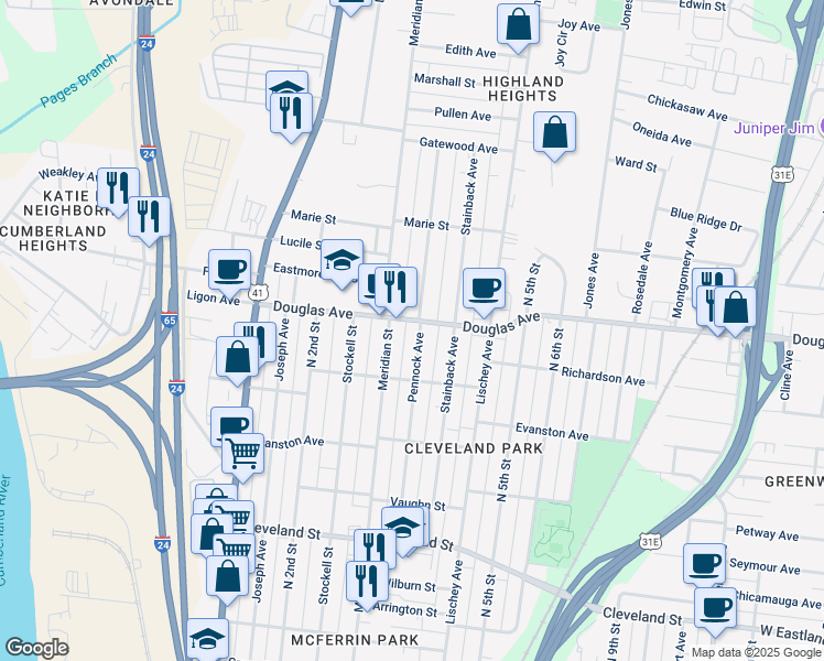 map of restaurants, bars, coffee shops, grocery stores, and more near 1220 Pennock Avenue in Nashville