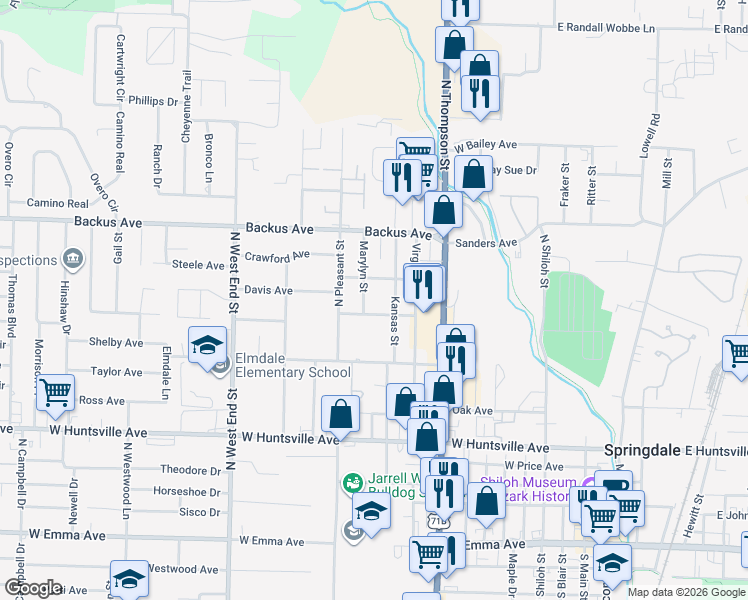 map of restaurants, bars, coffee shops, grocery stores, and more near 905 Marylyn Street in Springdale