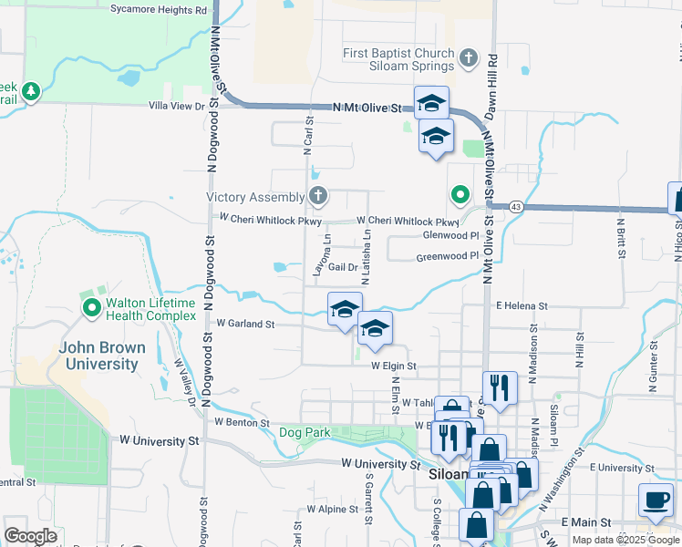 map of restaurants, bars, coffee shops, grocery stores, and more near 704 Gail Dr in Siloam Springs