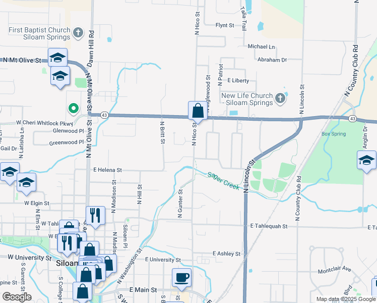 map of restaurants, bars, coffee shops, grocery stores, and more near 806 Meghan Street in Siloam Springs
