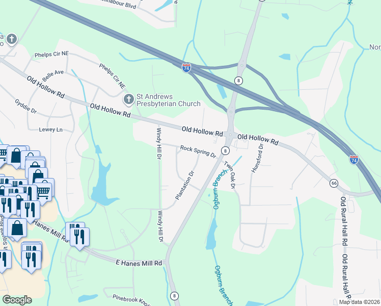 map of restaurants, bars, coffee shops, grocery stores, and more near 924 Rock Spring Drive in Winston-Salem