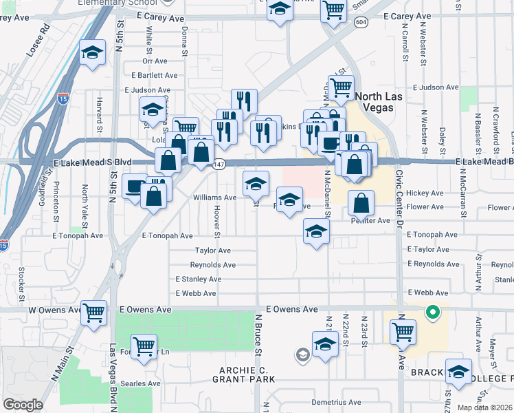 map of restaurants, bars, coffee shops, grocery stores, and more near 1840 North Bruce Street in North Las Vegas