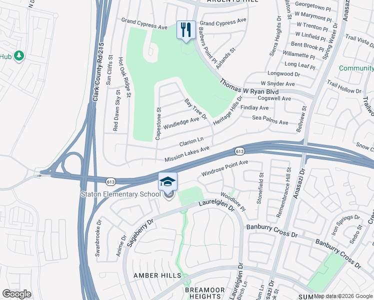 map of restaurants, bars, coffee shops, grocery stores, and more near 10800 Mission Lakes Avenue in Las Vegas