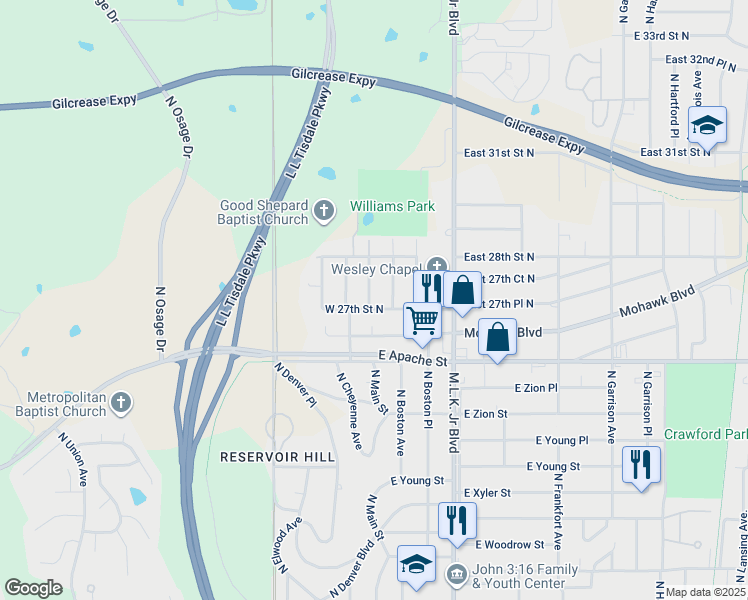 map of restaurants, bars, coffee shops, grocery stores, and more near 2707 North Boulder Avenue in Tulsa