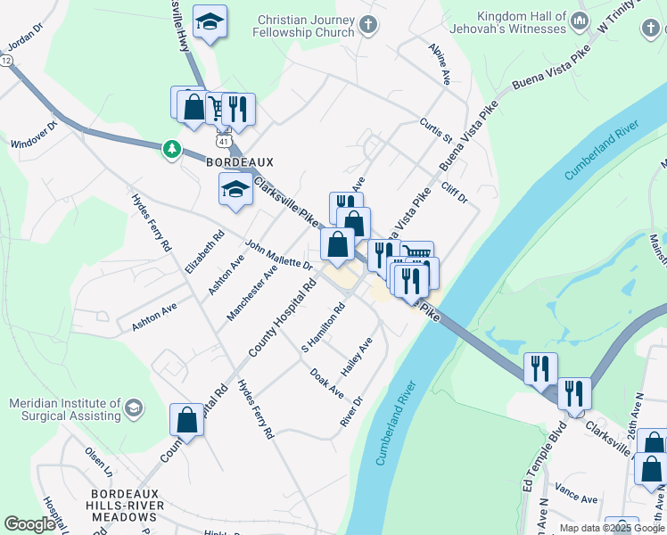 map of restaurants, bars, coffee shops, grocery stores, and more near 3217 Clarksville Pike in Nashville