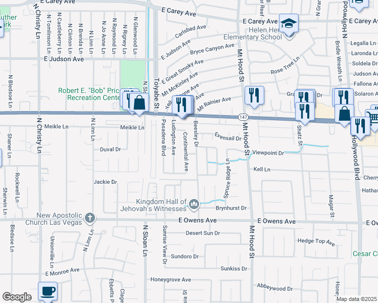 map of restaurants, bars, coffee shops, grocery stores, and more near 1901 Beesley Drive in Las Vegas