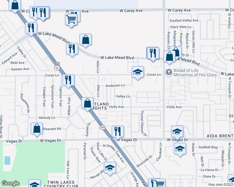 map of restaurants, bars, coffee shops, grocery stores, and more near 3432 Valley Lane in Las Vegas